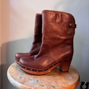 Ugg Brown Leather Shearling Lined Wood Heeled Boots Womens 6